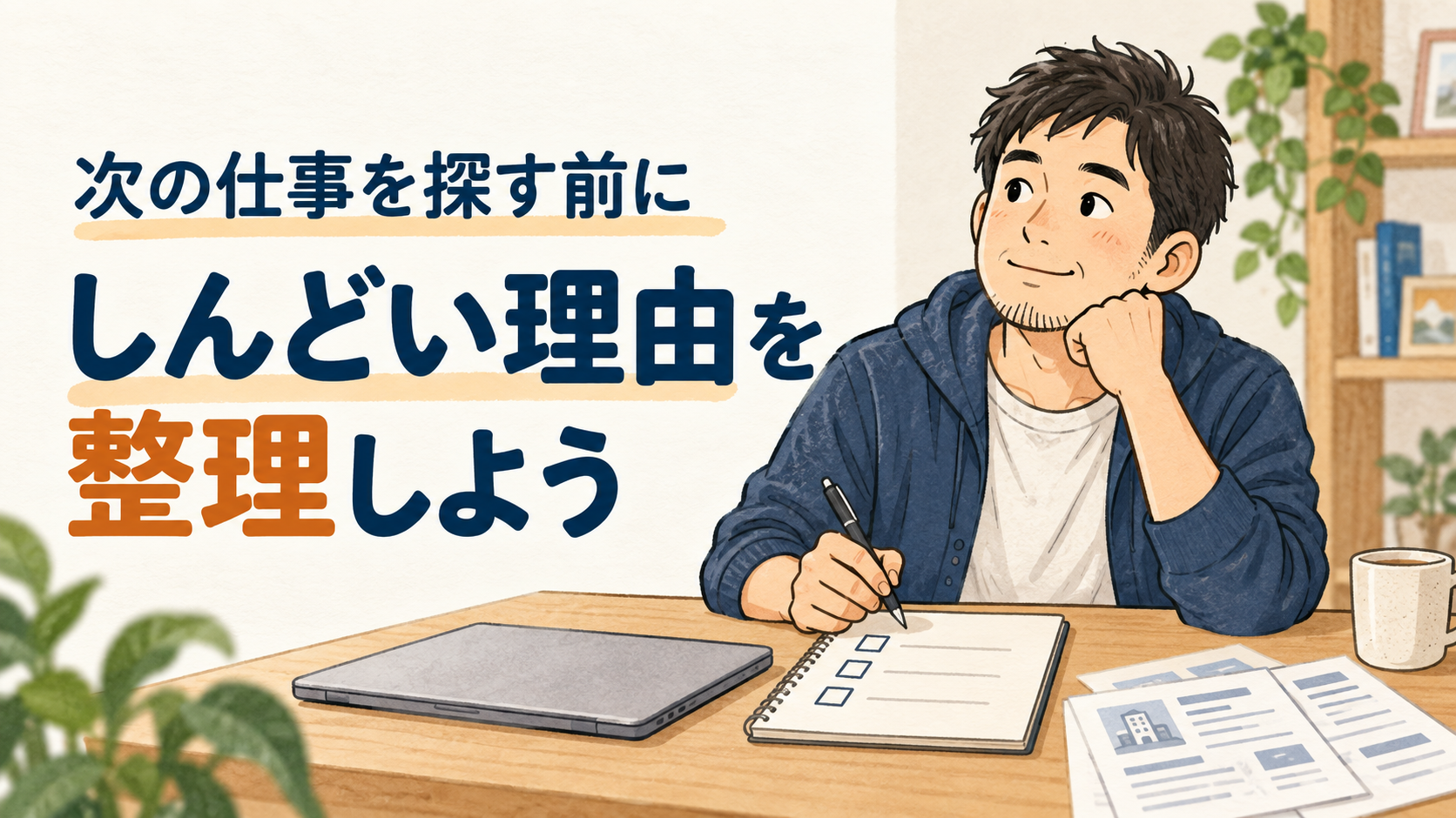 次の仕事を探す前に、しんどい理由を整理しよう。机でノートに考えをまとめる男性のイラスト。